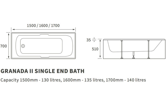 Neroli Single End Twin Grip Textured Base 8mm 1700x700x510mm 2TH Bath