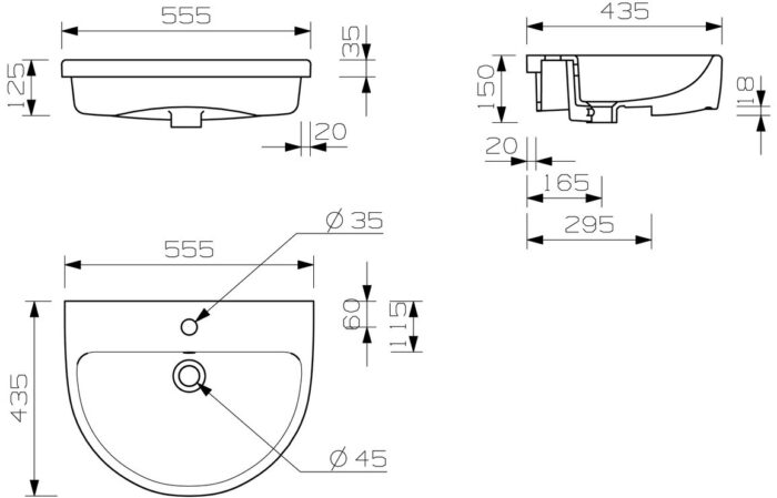 Solei 555x435mm 1TH Semi Recessed Basin