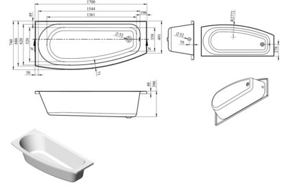 Novello Space Saving 1700x740x560mm 0TH Bath w/Legs (LH)