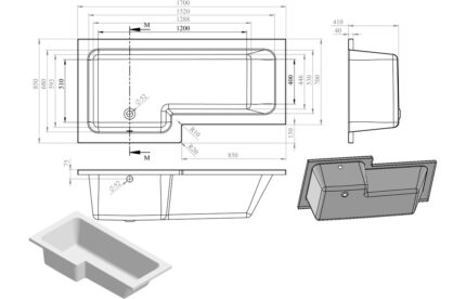 L-Shape 1700x700-850x410mm 0TH Shower Bath Panel & Screen (LH)