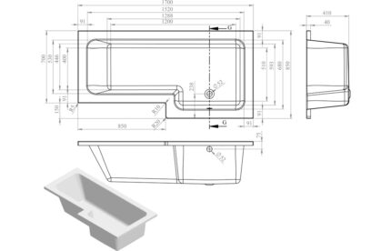 L-Shape 1700x700-850x410mm 0TH Shower Bath Panel & Screen (LH)