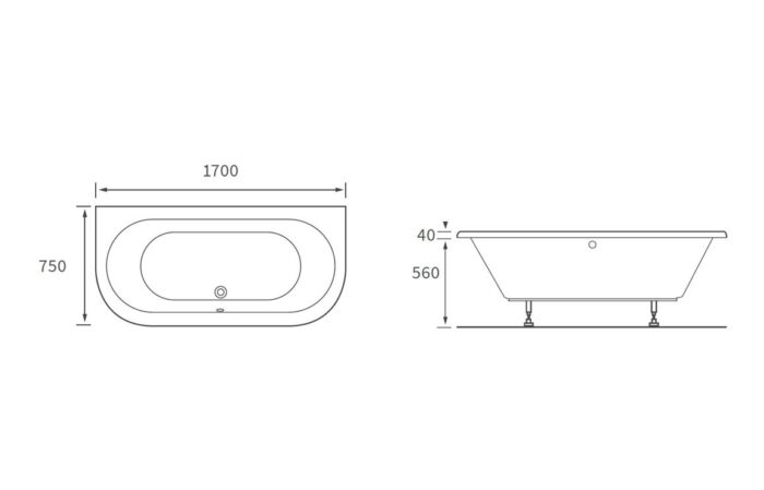 Avento Back To Wall SUPERCAST 1700x750x600mm 0TH Bath w/Legs