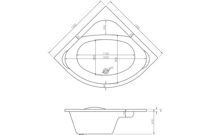 Beeloni Standard 1350x1350x620mm 0TH Corner Bath w/Legs