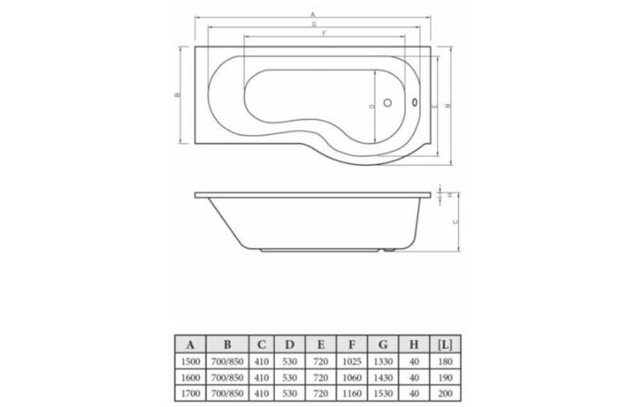 P-Shape 1700x700-850x410mm 0TH Shower Bath Panel & Screen (LH)