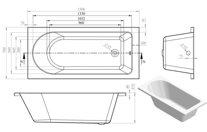 Silvano Round Single End 1500x700x550mm 0TH Bath w/Legs