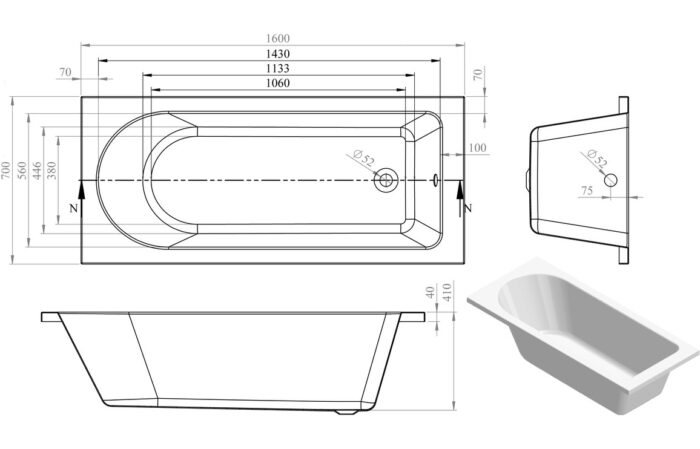 Silvano Round Single End 1500x700x550mm 0TH Bath w/Legs