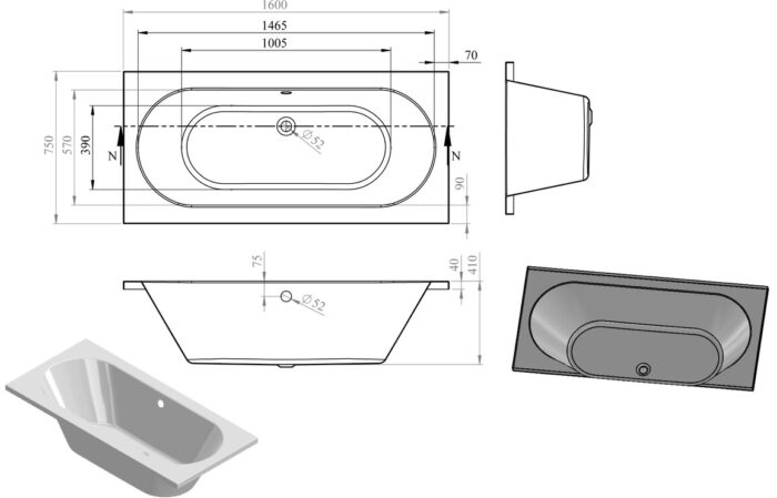 Silvano Round Double End 1600x750x550mm 0TH Bath w/Legs