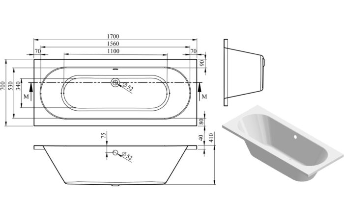 Silvano Round Double End 1600x750x550mm 0TH Bath w/Legs