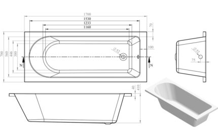 Silvano Round Single End 1500x700x550mm 0TH Bath w/Legs