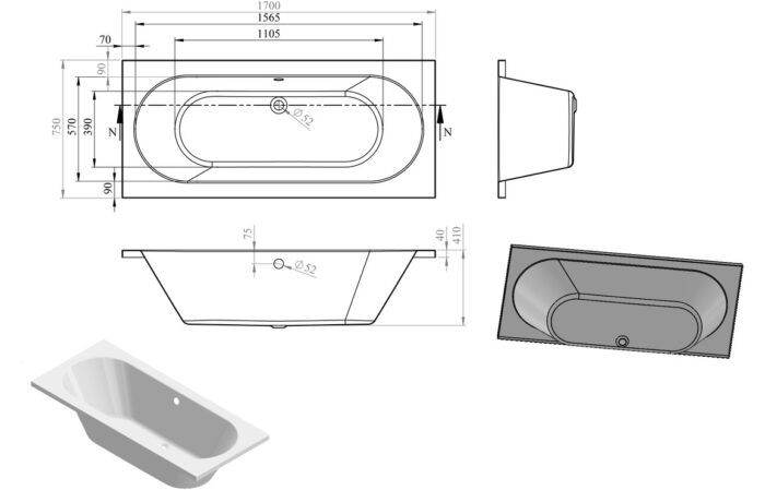 Silvano Round Double End 1600x750x550mm 0TH Bath w/Legs