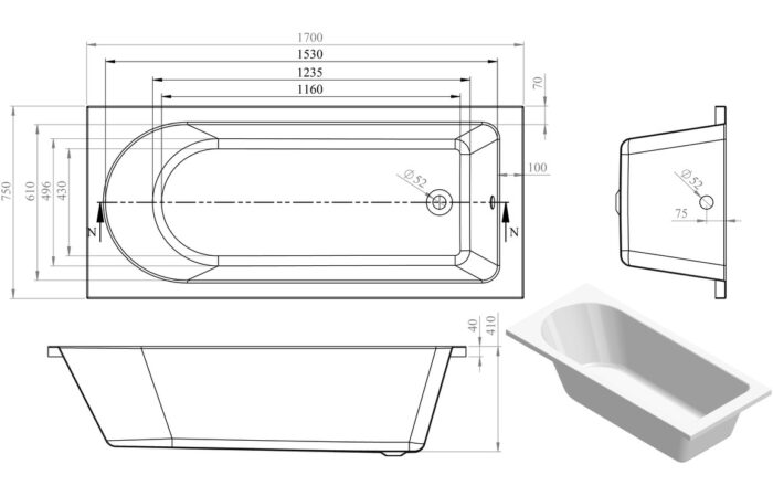 Silvano Round Single End 1500x700x550mm 0TH Bath w/Legs