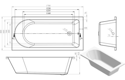 Silvano Round Single End 1500x700x550mm 0TH Bath w/Legs