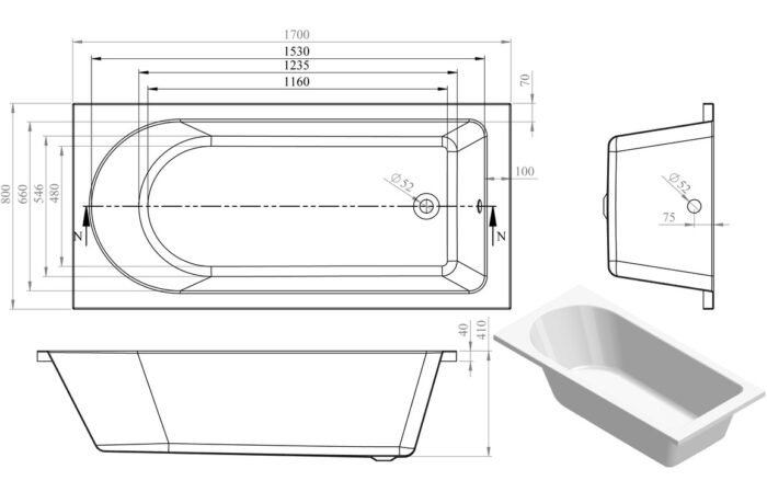 Silvano Round Single End 1500x700x550mm 0TH Bath w/Legs