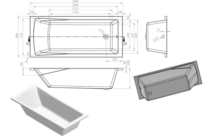 Silvano Round Single End 1500x700x550mm 0TH Bath w/Legs