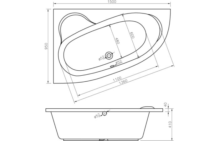 Torello 1500x950x600mm 0TH Offset Corner Bath w/Legs (LH)
