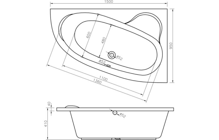Torello 1500x950x600mm 0TH Offset Corner Bath w/Legs (LH)