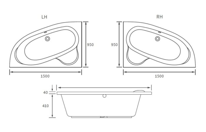 Torello 1500x950x600mm 0TH Offset Corner Bath w/Legs (LH)
