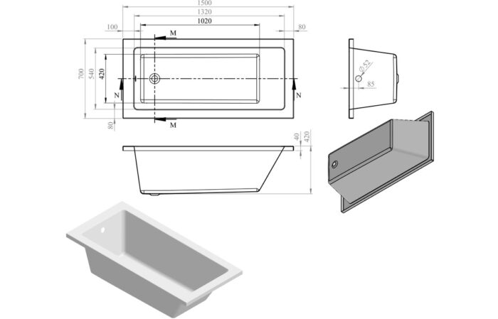 Umberto Square Single End 1500x700x550mm 0TH Bath w/Legs