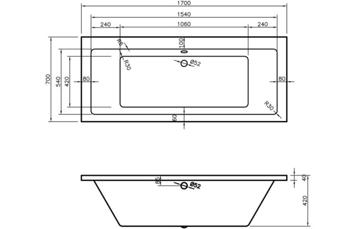 Umberto Square Double End 1700x700x550mm 0TH Bath w/Legs