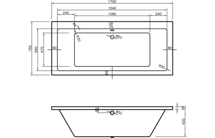 Umberto Square Double End 1700x700x550mm 0TH Bath w/Legs