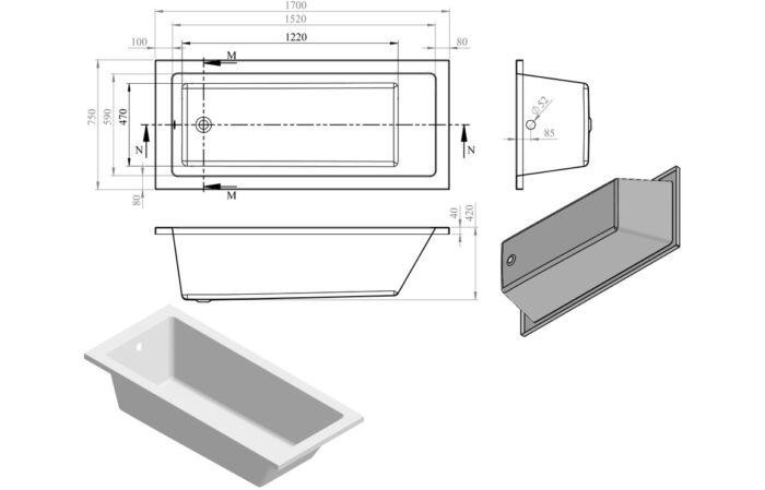 Umberto Square Single End 1500x700x550mm 0TH Bath w/Legs