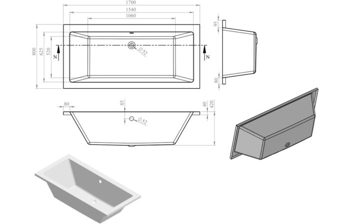 Umberto Square Double End 1700x700x550mm 0TH Bath w/Legs