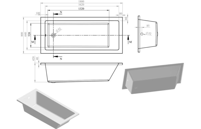 Umberto Square Single End 1500x700x550mm 0TH Bath w/Legs