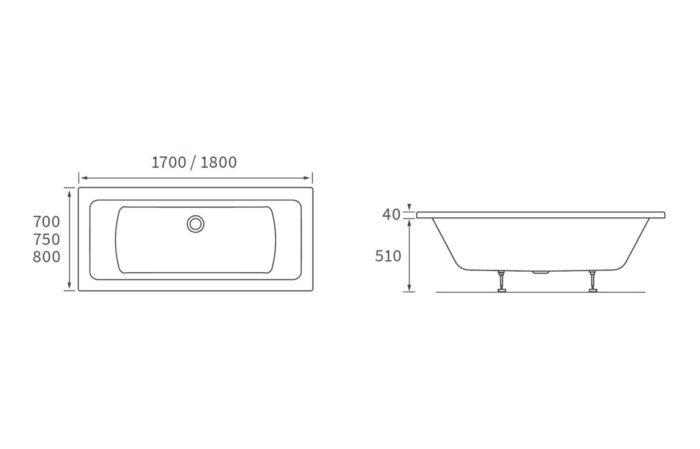 Umberto Square Double End 1700x700x550mm 0TH Bath w/Legs