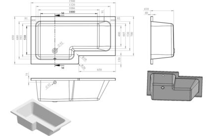 Umberto L Shape 1500x850x560mm 0TH Shower Bath Pack (LH)