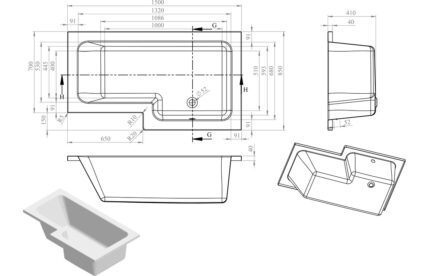 Umberto L Shape 1500x850x560mm 0TH Shower Bath Pack (LH)