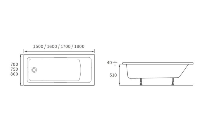 Umberto Square Single End 1500x700x550mm 0TH Bath w/Legs