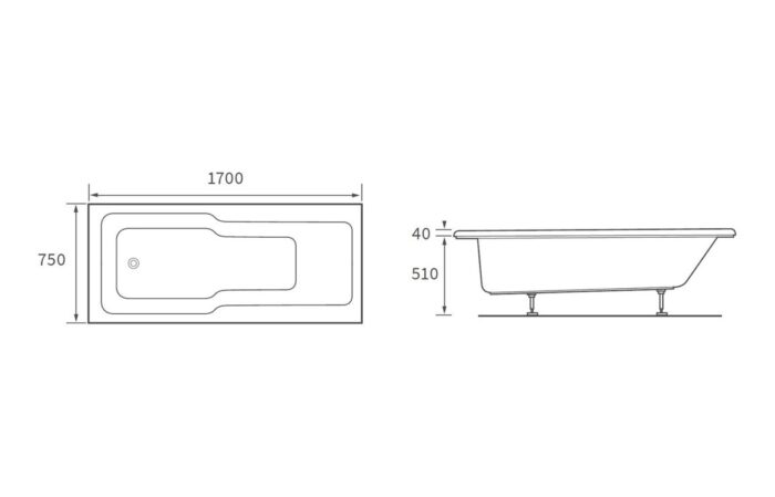 Vellori Straight 1700x750x550mm 0TH "C" Shower Bath w/Legs