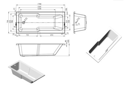 Vellori Straight 1700x750x550mm 0TH "C" Shower Bath w/Legs