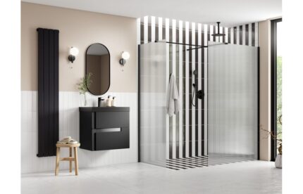 Icantra 900mm Fluted Wetroom Panel & Side Panel Arm - 8mm Glass - Black