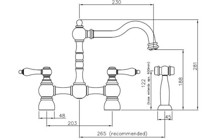 Demora Rocciabella Bridge Mixer Tap w/Handspray - Pewter