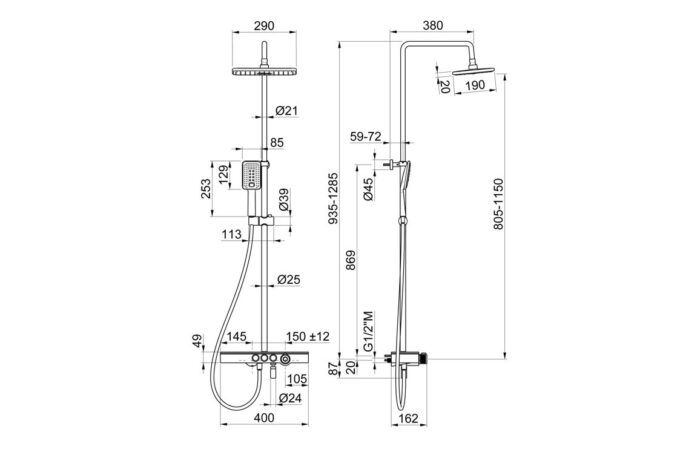 Vento Thermostatic Shower Column w/Fixed Head Riser