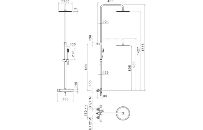 Vento Thermostatic Square Bar Valve w/Fixed Head & Riser - Chrome