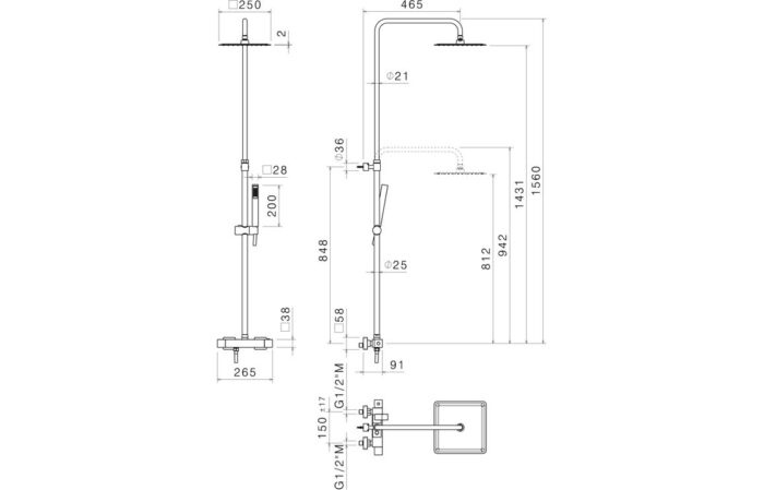 Vento Thermostatic Square Bar Valve w/Fixed Head & Riser - Chrome