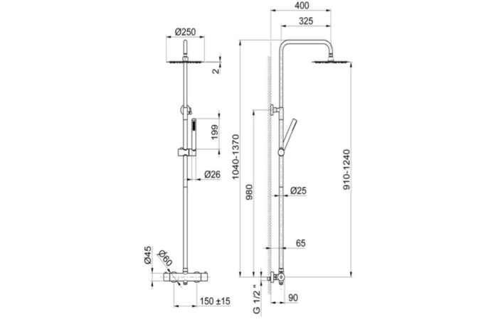 Vento Thermostatic Shower Column w/Fixed Head & Riser - St/Steel