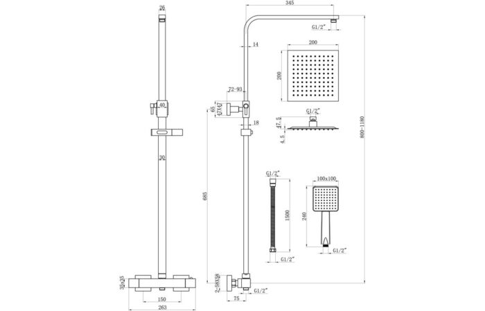 Cortavi Square Thermostatic Bar Mixer w/Riser Kit