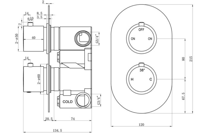 Arlix Thermostatic Two Outlet Twin Shower Valve
