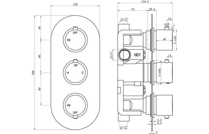 Arlix Thermostatic Two Outlet Triple Shower Valve