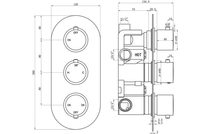 Arlix Thermostatic Three Outlet Triple Shower Valve