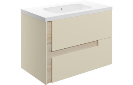 Covari 815mm Wall Hung 2 Drawer Basin Unit & White Basin - Matt Cotton & Oak Effect