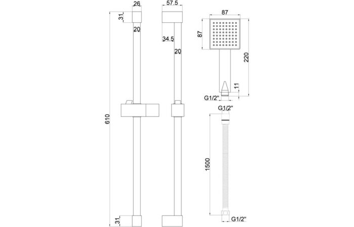 Square Slider Rail Kit & Single Mode Handset - Brushed Brass